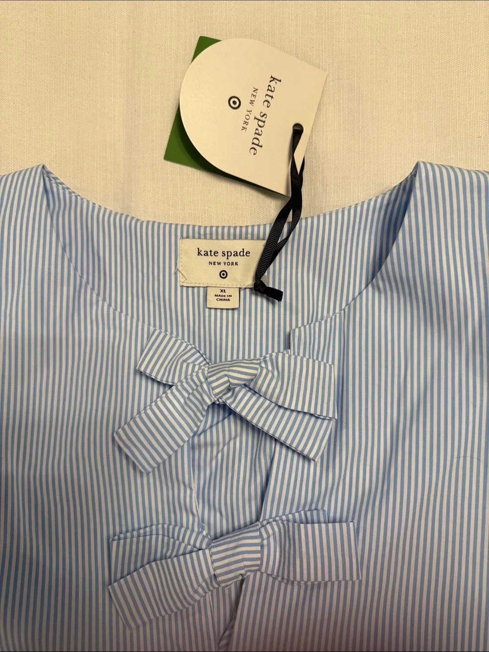 kate spade Blue & White Pinstripe Puff Sleeve Top with Front Bows XL